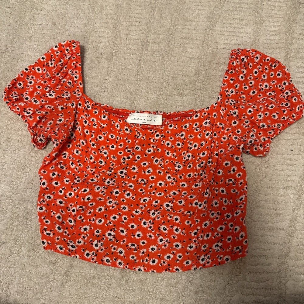American Threads Red Floral Puff Sleeve Blouse
